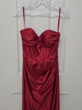 Strapless Red Satin Evening Gown with Sweetheart Bodice